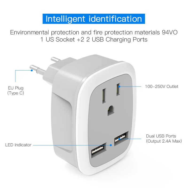 250V US to UK  US TO EU  Plug adapter Power Converter travel Plug with dual usb charger 2.4A output,universal travel adapter