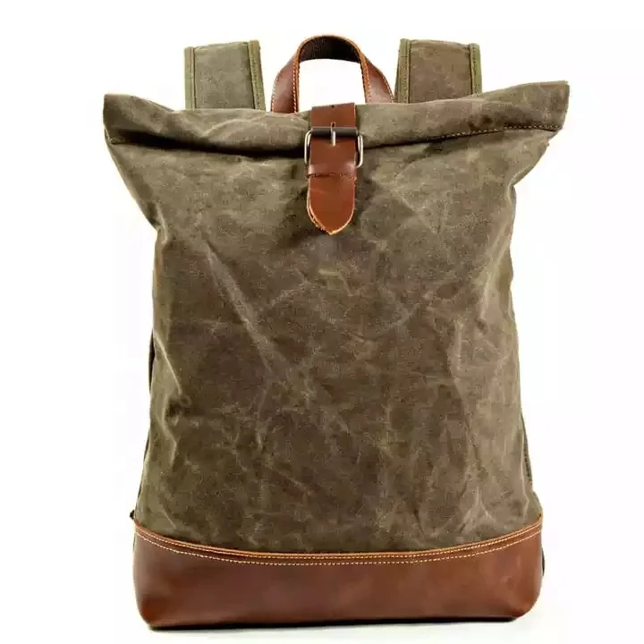 Travel leather roll top Backpack Bags Waterproof Waxed Canvas Crazy Horse Leather College Other Laptop Backpacks for Men