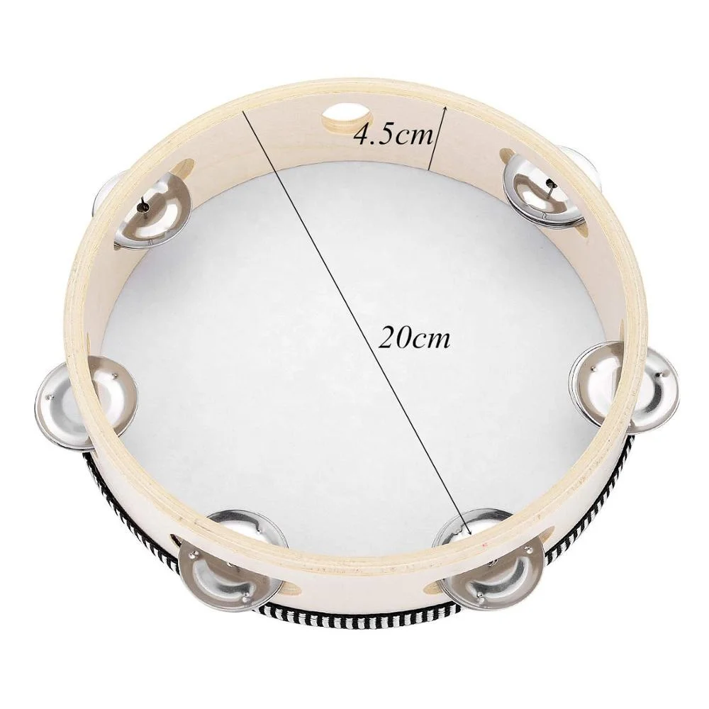 Tambourine for Church 8 inch Hand Held Drum Bell Birch Metal Jingles Percussion Musical Educational Toy Instrument for KTV Party