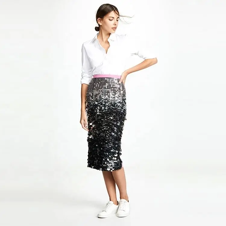 Autumn slip on back grey tie dyed sequin bodycon skirts high waist casual long skirt dresses
