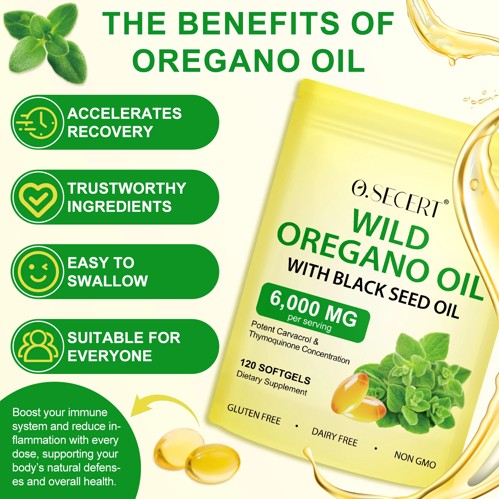 O.SECERT Potent Carvacrol Thymoquinone Concentration Softgels 6000Mg Per Serving Wild Oregano Oil With Black Seed Oil