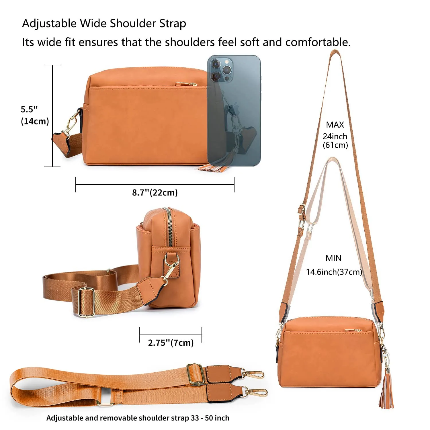 Triple Zip Small Crossbody Bag for women Wide Strap Cell Phone Purse Shoulder Handbag Wallet with Credit Card Slots