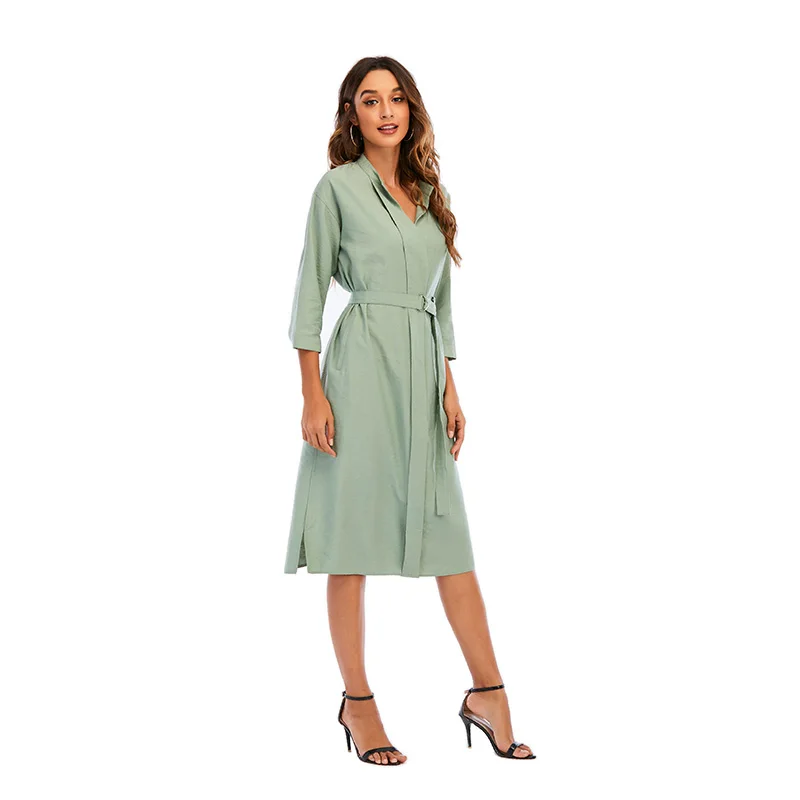 one piece green dress solid color dress with belt
