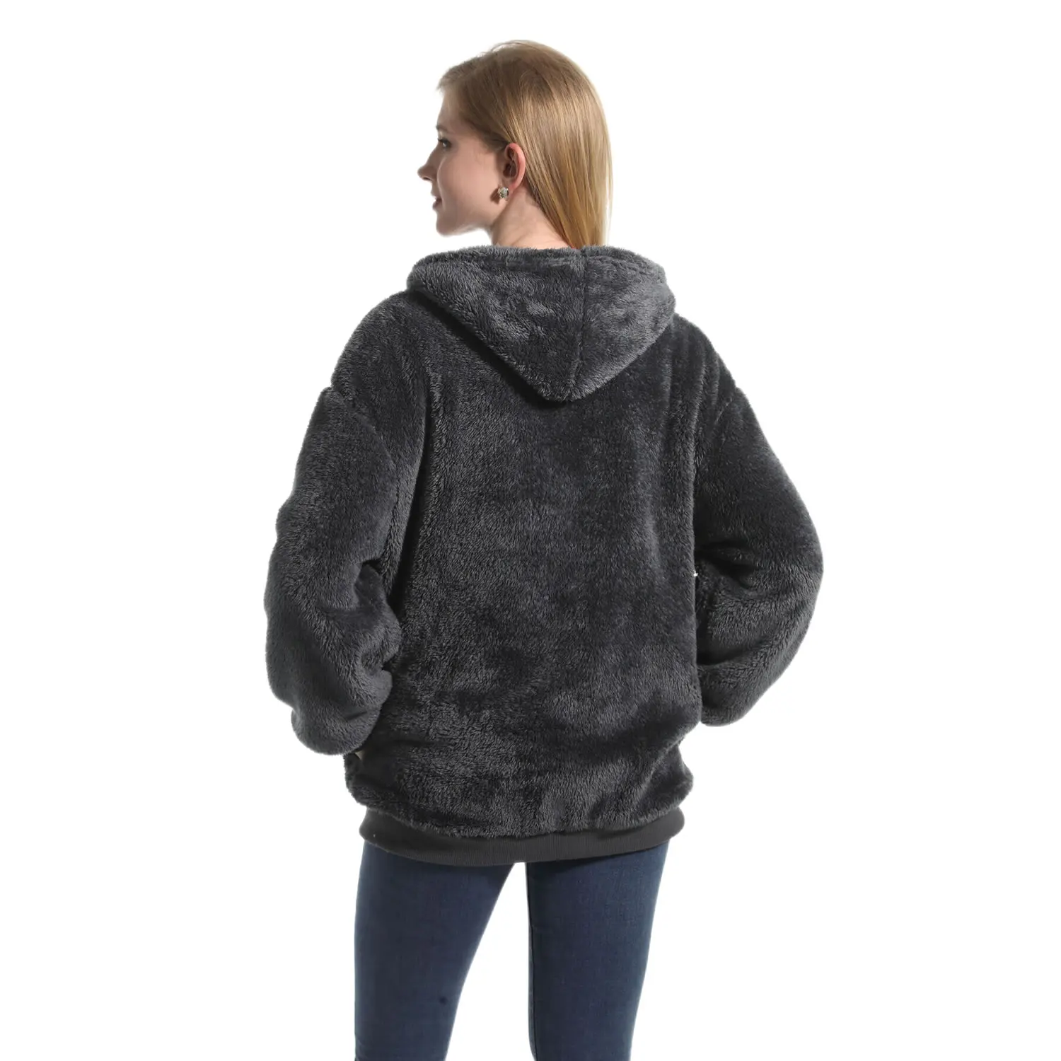 AIMINYZ Wholesale 2023 High Quality Winter Warm Plush Hooded Pure Sweater Soft Adult Short Zipper Shu Veleteen Leisure Coat
