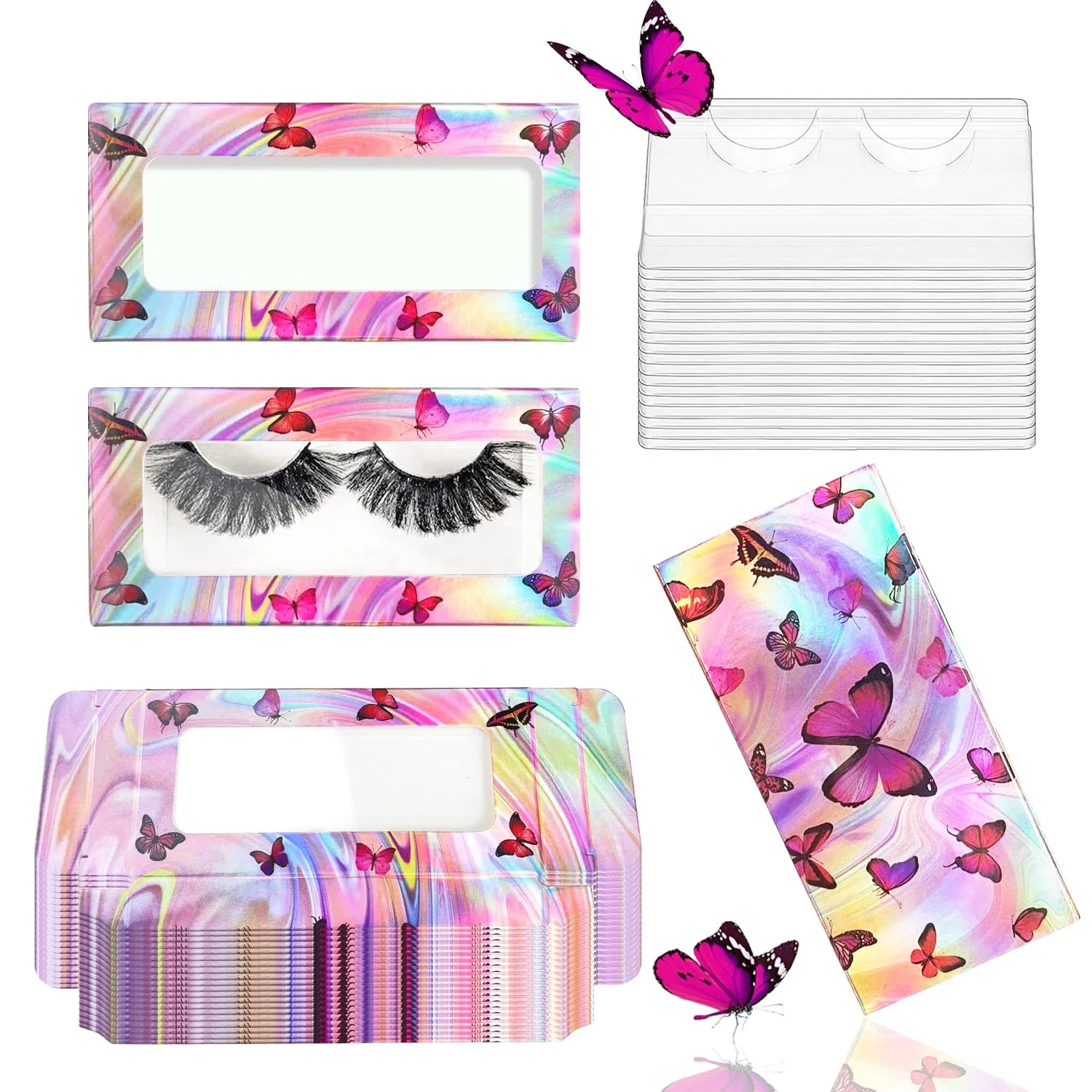 Custom Colored butterfly Prints Empty False Eyelashes Packaging Storage Containers Soft Paper Lash Boxes with Tray