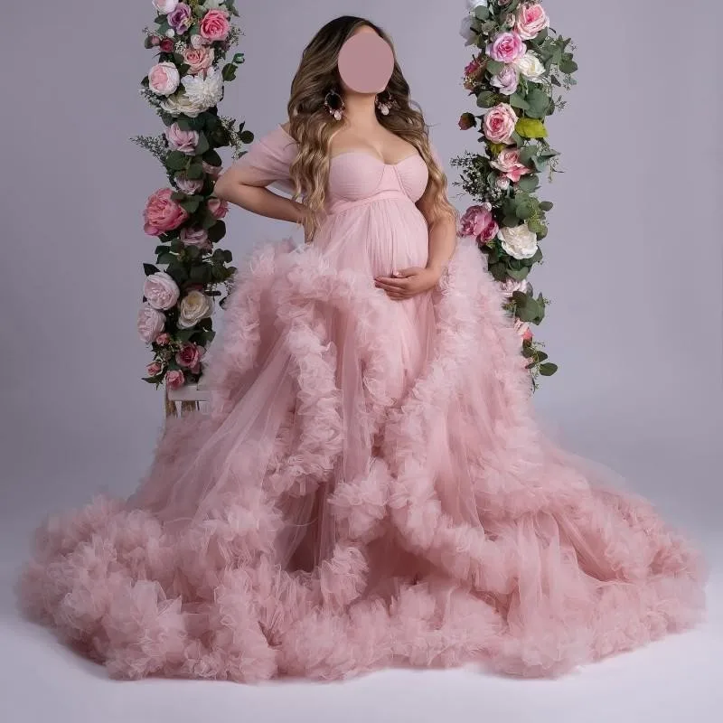 Latest Design Peach Tulle Made Maternity Robes For Photography To Be Mother Dresses
