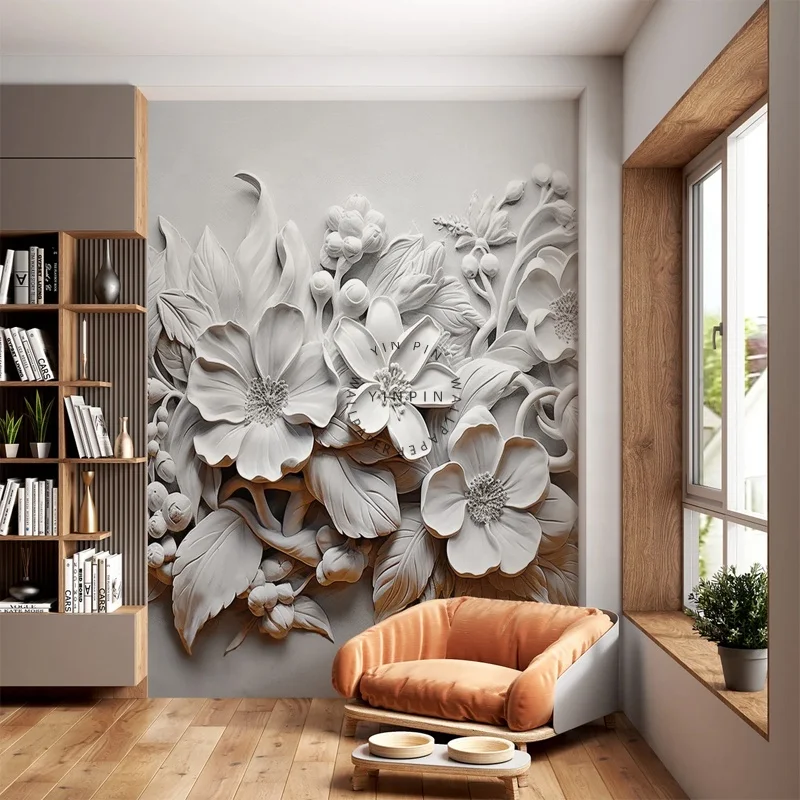 3D floral gypsum sculpture relief wall paper 3d for living room