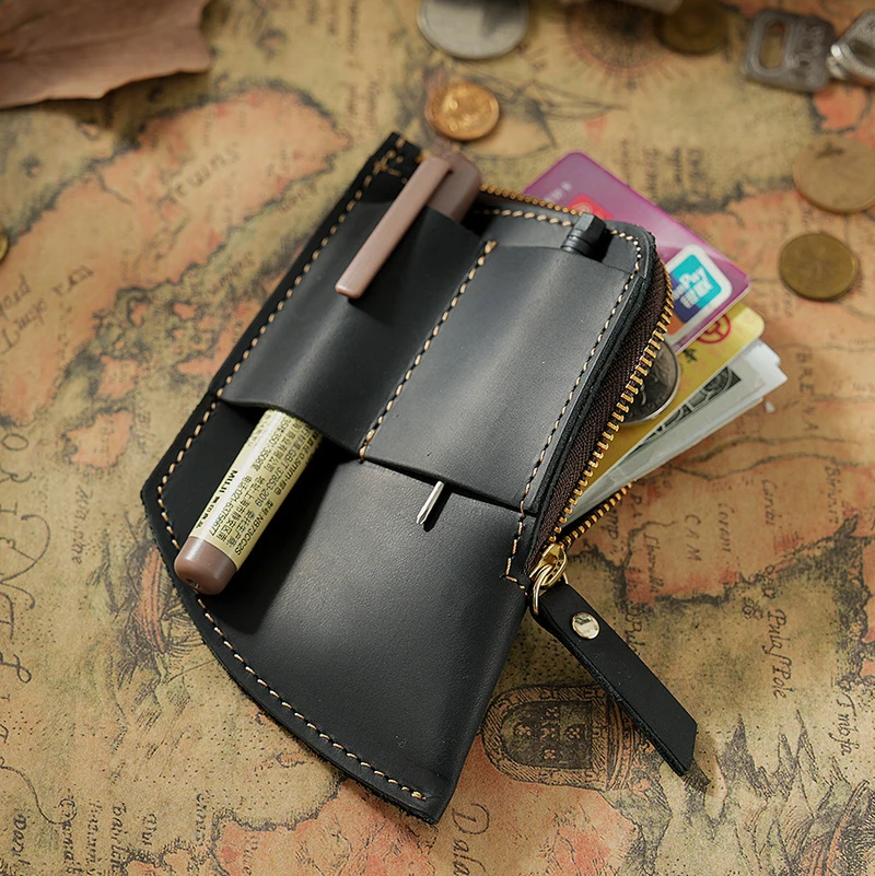 Wholesale New Men Women Vintage Card Holder Wallet Crazy Horse Genuine Leather Zipper Coins Purse Cards Holder with Pens Holder
