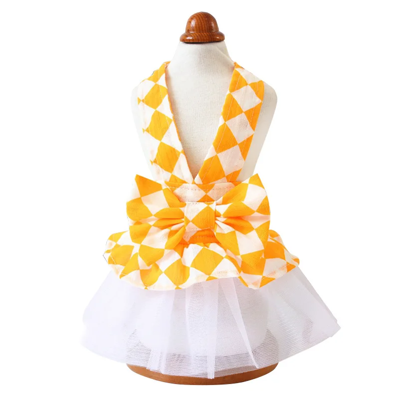 Fancy White and Yellow Cotton Pet Princess Checked Backless Dress For Dogs