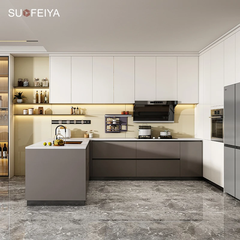 Suofeiya Luxury Modern Kitchen Storage Cabinet Solid Wood PVC Door Finish Countertop Glass American Kitchen Cabinets