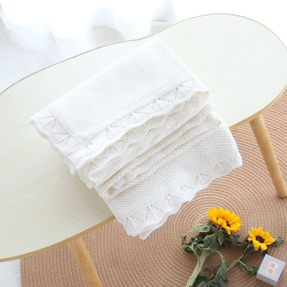 Reversible Crocheted Kids Knit Blanket Popular Breathable Vintage Swaddle Solid Color Holding Cotton Knitted Baby Blanket