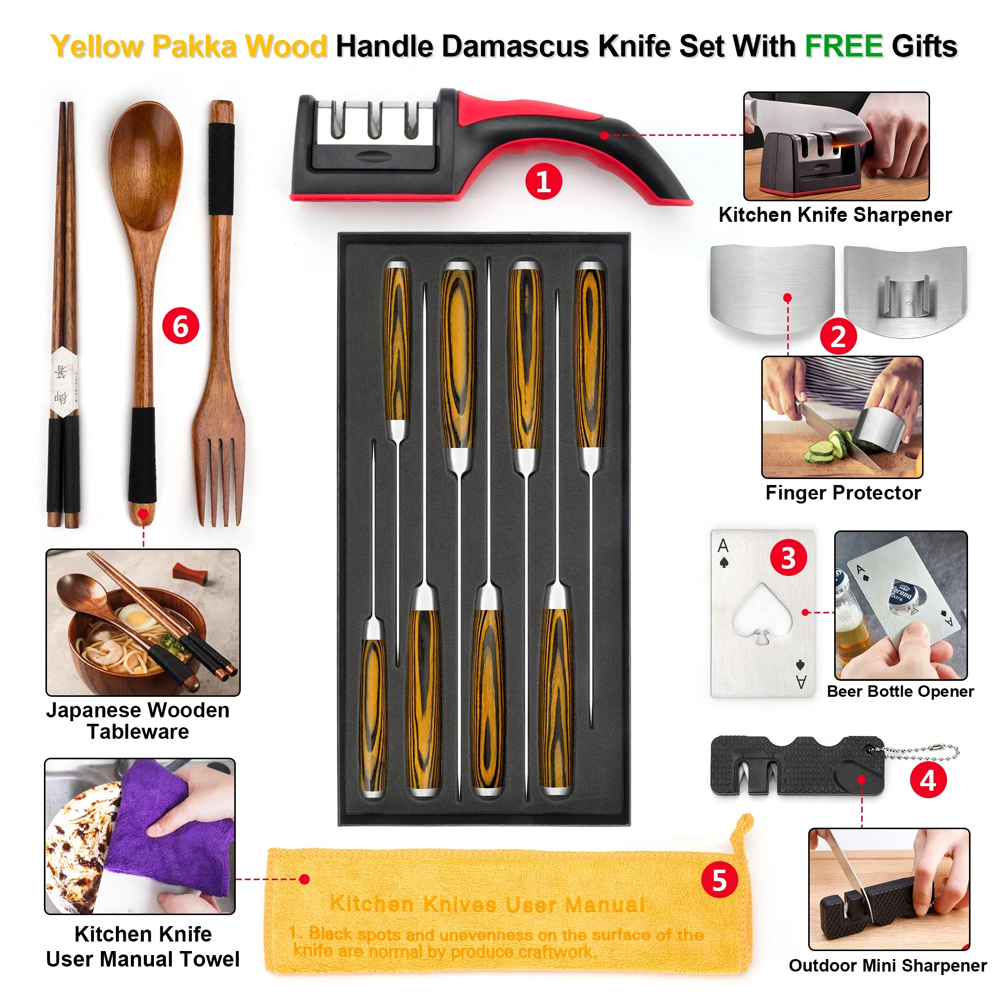 Yellow Pakka Wood Handle 3 Inch Japanese High Carbon Damascus Steel Kiwi Peeling Knife Fruit Paring Knives With Gift Box