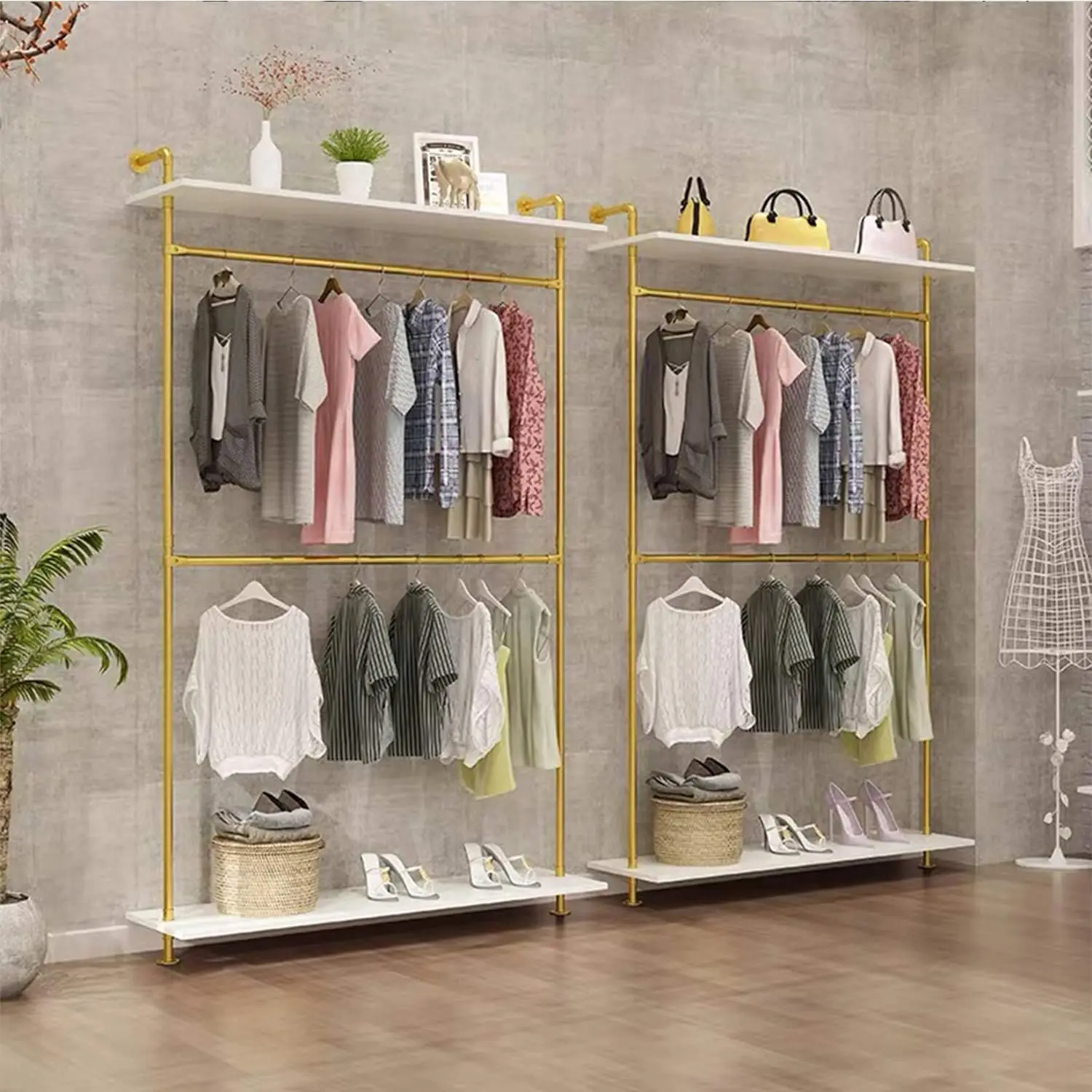 Industrial Pipe Hanging Rods Clothing Rack Retail Display Wall Mounted Storage Clothes Hanging Shelf