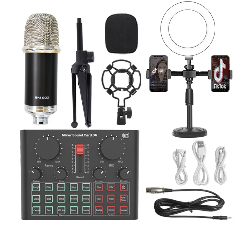 
D6 Mixer Sound Card Dm800 Condenser Microphone Live Phone Set Pc Computer Tripod Professional Game Usb Stream Stand Recording 