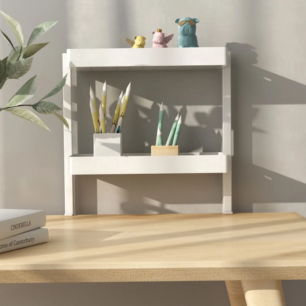 Office desktop storage shelf for flower pot and pen box with holder bolt inserting style white desk storage sheving organizer