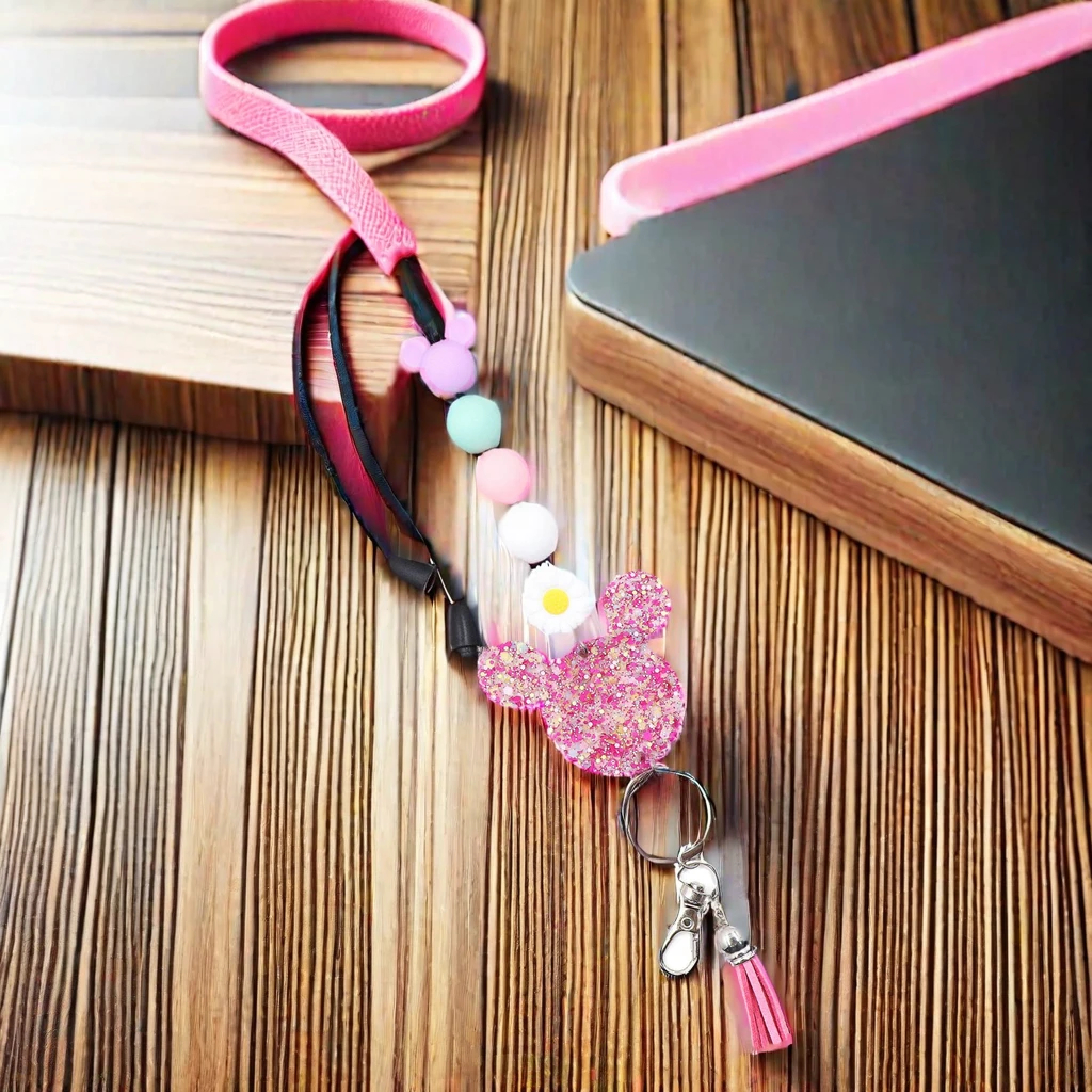 YYXKH1373 Cute Pink Laser Cutting Acrylic Lanyard with Silicone Mouse Bead Stainless Steel UV Printed Certificate for Key Use
