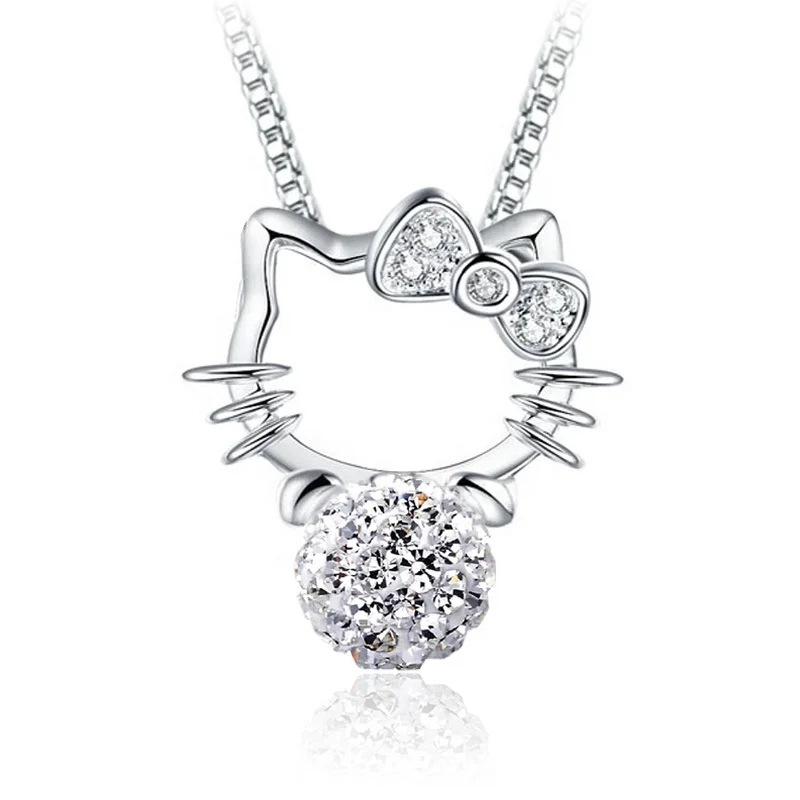 Lovely Bow Kate Cat Necklace Earring Set Jewelry Full Of Rhinestone Shambhala Ball Women 925 Sterling Silver Hello Kitty Jewelry
