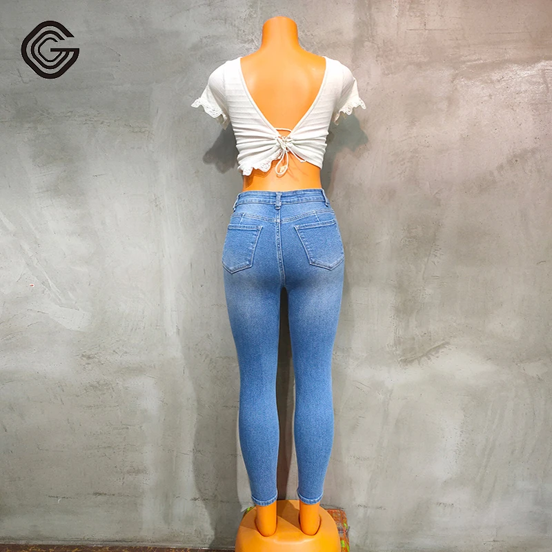 Оптовая продажа светло-голубые облегающие джинсы до щиколотки с высокой посадкой для