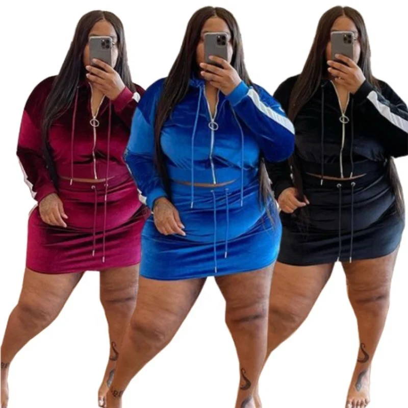 J&H fall 2023 5xl plus size zipper hoodie sets tech fleece velour skirts 2 piece set women clothing fashion sexy slim fit