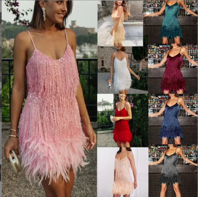2023 Summer Sling Dress Tassel Sequins Feather Stitching Solid Color Shoulder Strap Short Dress Sexy Party Dress Clubwear