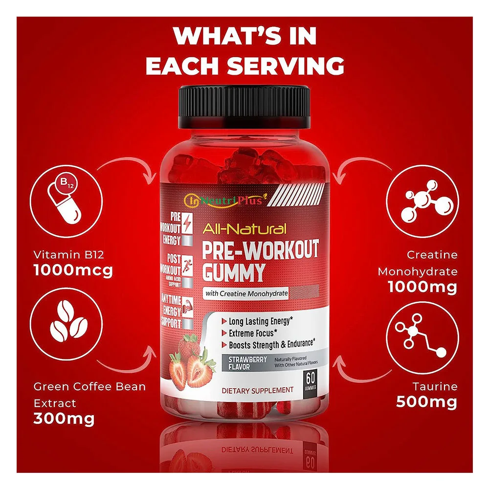 GMP Factory Pre Workout Gummy Creatine Monohydrate Boost Energy and Muscle Growth Customized Formula with Taurine