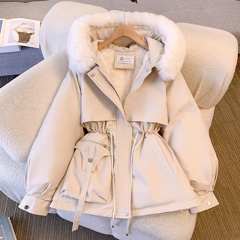 2024 Women Winter Midi Long Coat Drawstring Waist Fur Collar Hooded Zipper Inner Fleece Warm  Outwear Puffer Quilted Padded Coat