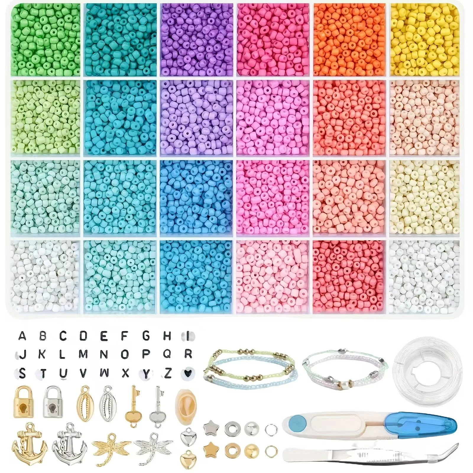 24 colors solid color tiny beads set lazy eye training for kids bracelet making with safe plastic scissors with metal charms