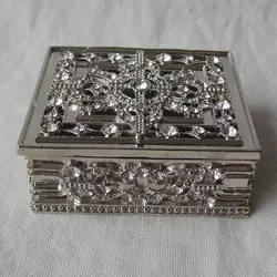 Shiny Silver Crystal Stones Inlaid Rectangle Metal Zinc Alloy Jewelry Trinket Box(#P05673t)