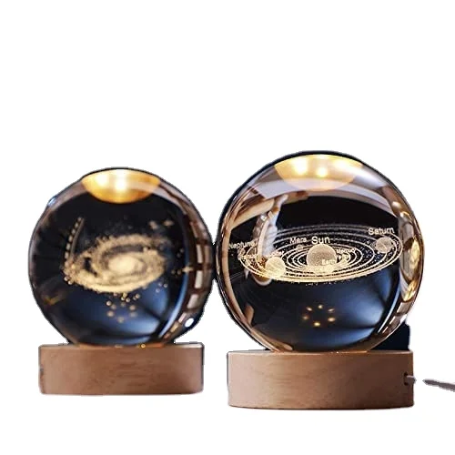Glowing Crystal Ball Night Light Led Bedside Light Milky Way Light Ornament Solid Wood Base USB Night Lamp