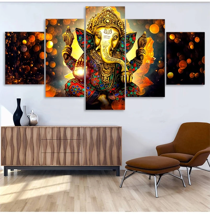 Modern 5-Piece HD Printed Canvas Art Sofa Backdrop Frameless Hindu God Wall Decoration Painting