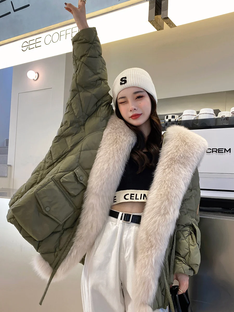 2021 hot big real fox fur collar coat oversize white duck down jacket plus fur winter outfit fur coat