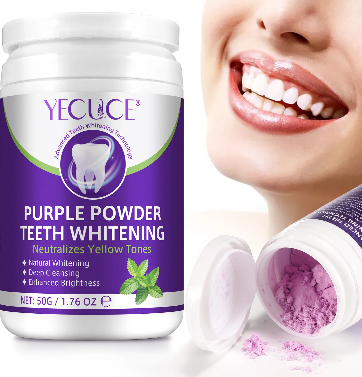 Hot Sale Natural Mint Coconut Teeth Whitening Powder Private Label Deep Cleansing Purple Color Corrector Teeth Whitening Powder