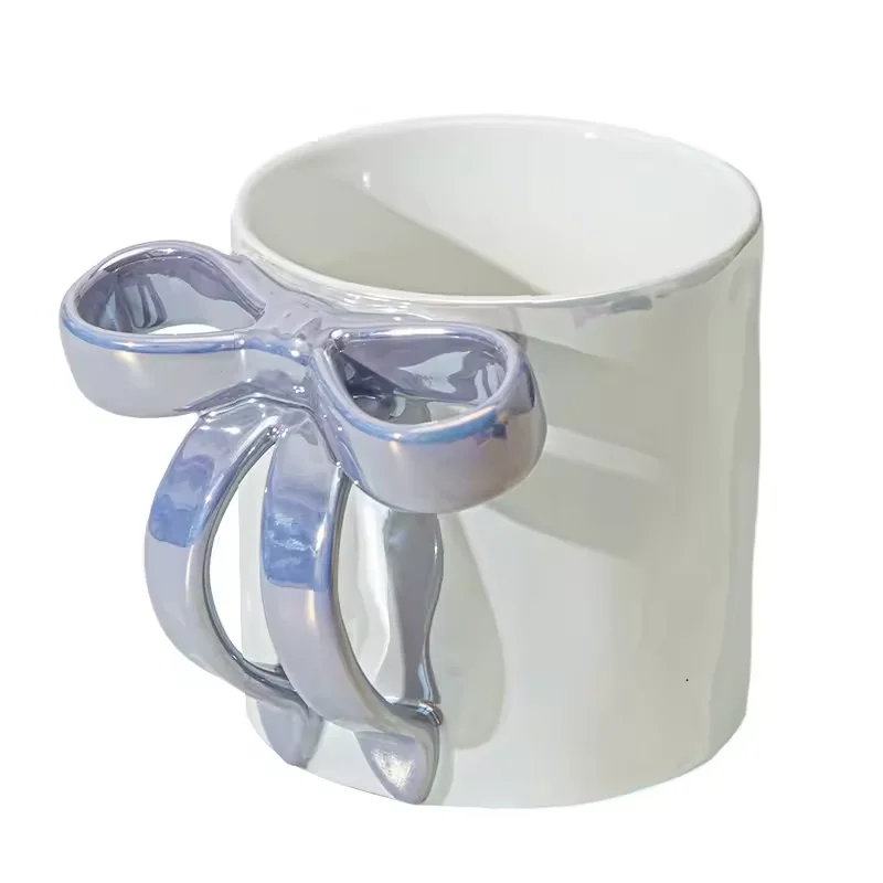 wholesale creative personality pearl glaze ceramic coffee mug 3D bow shape handle cup irregular bow embossed gift for girs