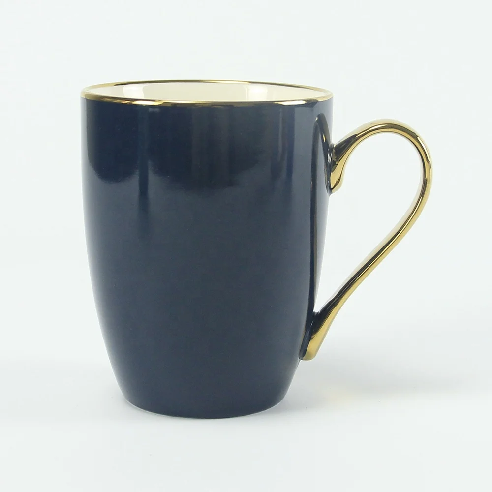 Factory direct sale barrel shape ceramic color glazed gold coffee mug with golden handle