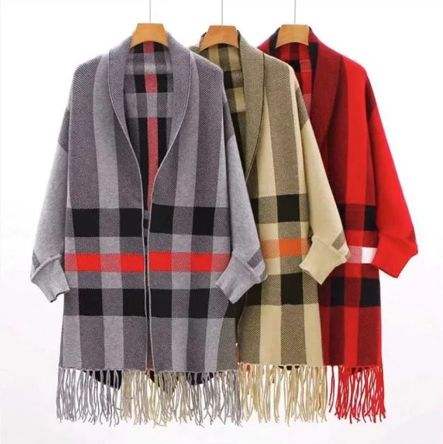 Hot sale Cashmere sleeves cardigan shawl plaid fringed thickened warm pashmina cloak shawl