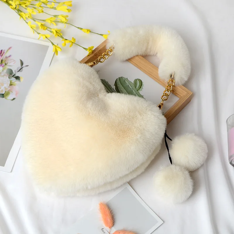 Wholesale New Trendy Popular Girls Cute Pink Plush Love Ladies Purses Tote Bag Fluffy Heart-shaped Fur Women Clutch Handbags