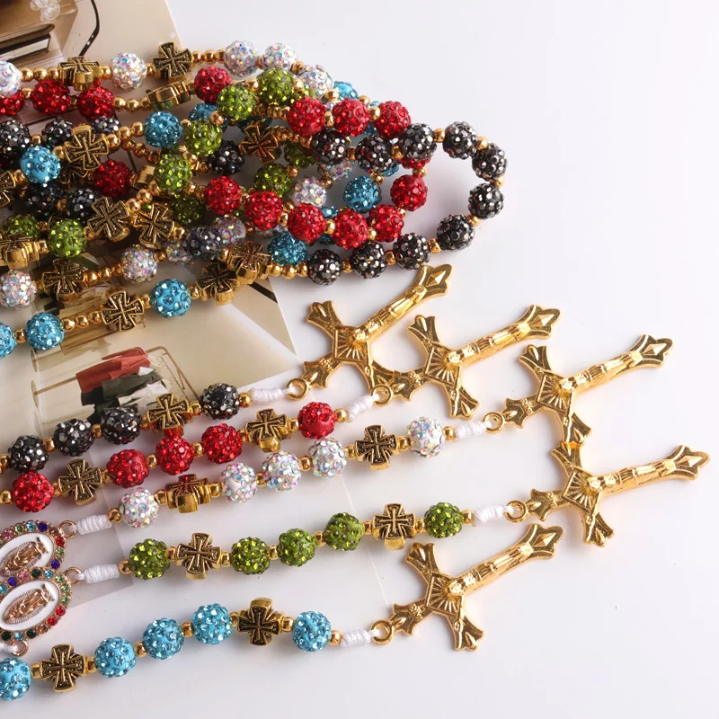 JC New design rosary chain high quality 10mm glass rhinestone ball catholic rosary necklace