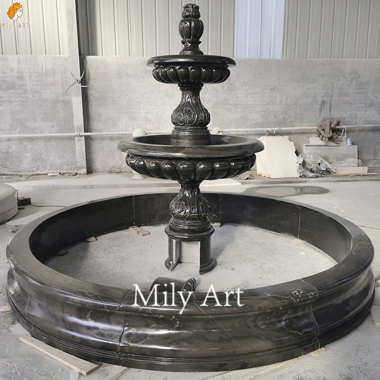 Hand Carved Natural Black Marble Stone Water Fountain for Outdoor Decoration