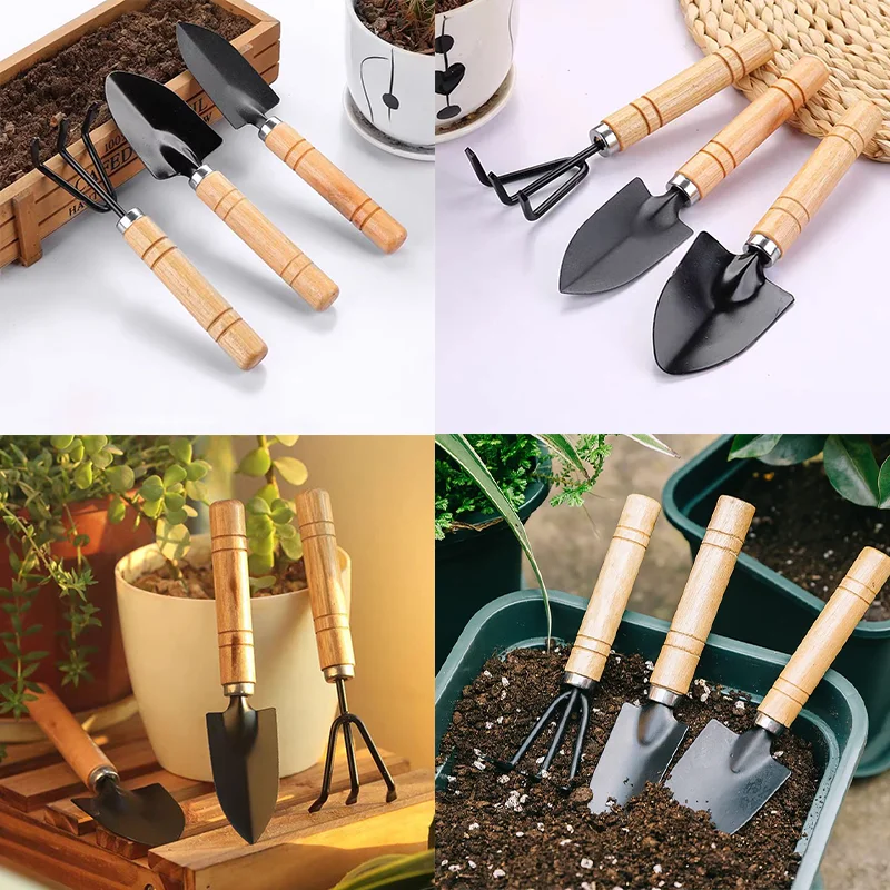 Gardening Gifts Metal Wood Mini Garden Tool Set 3 Pieces Iron Gardening Kit Including Shovel and Rake with Wood