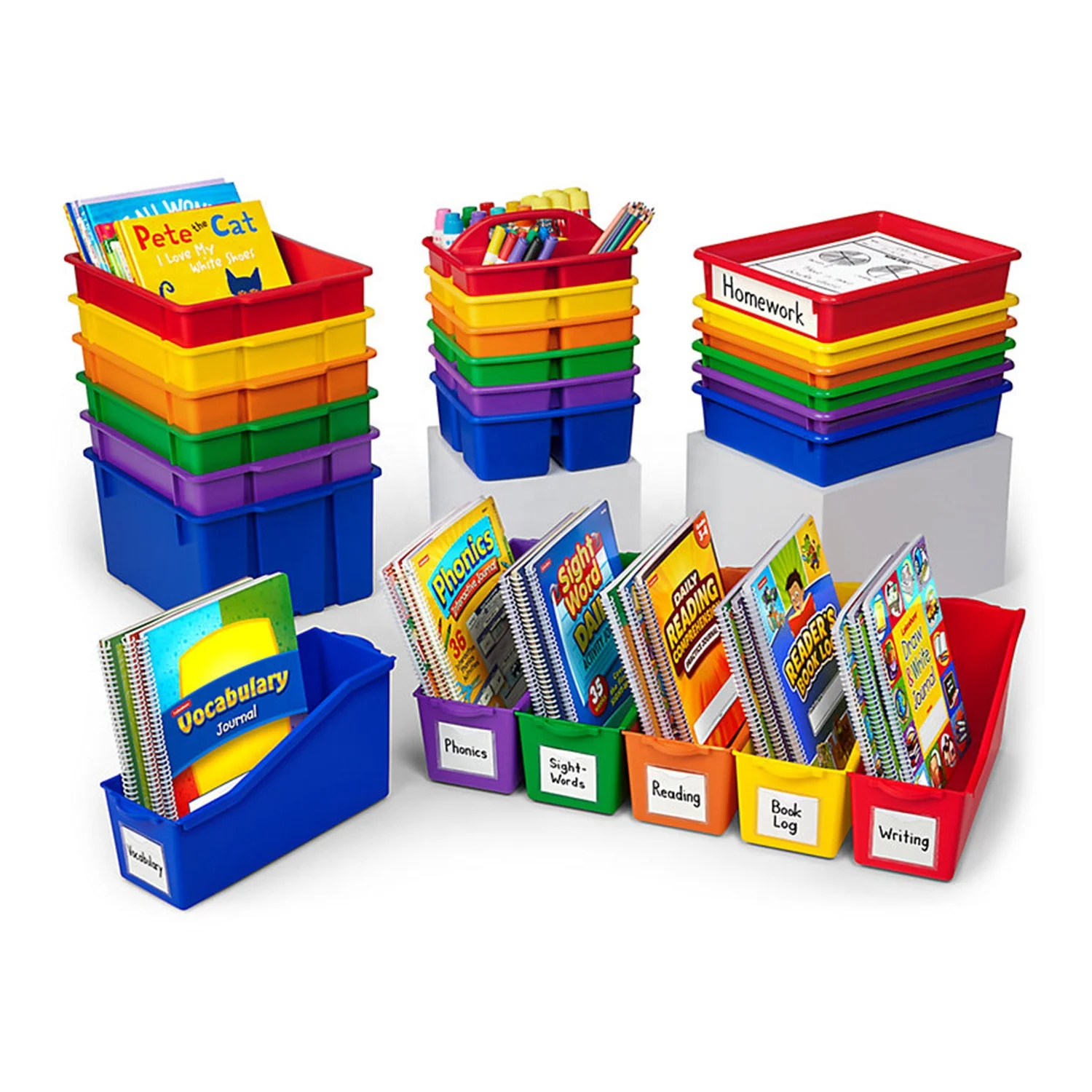 Teacher Classroom and Home Educational Organizing Supplies Multicolored Stackable Plastic Classic Classroom Storage Bin Bundle