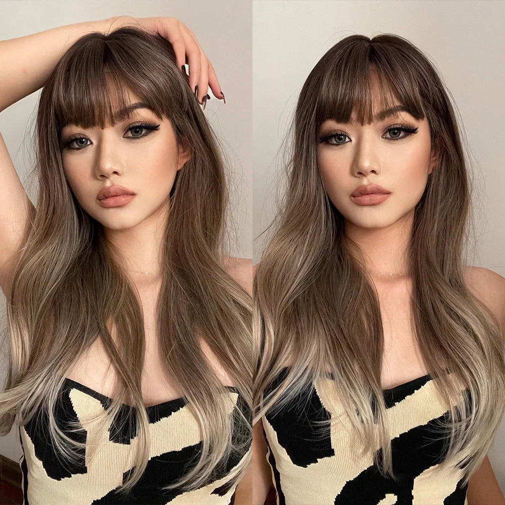 Long Synthetic Straight Wigs Ombre Brown Ash Blonde Wigs with Bang for Women Cosplay Lolita Daily Party Heat Resistant