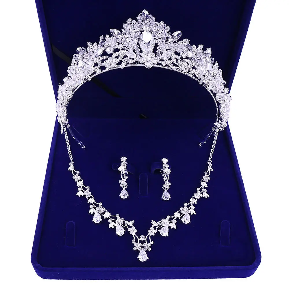 Boxed Zircon Alloy Tiaras Wedding Hair Accessories Flowers Rhinestone Necklace Earring Headpiece Set Three-piece Korean Crown