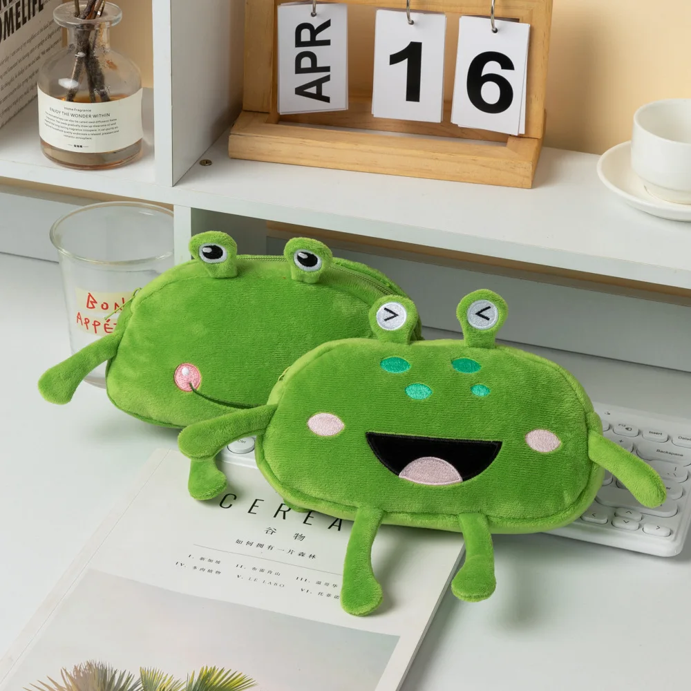 Factory Direct Custom green Frog Plush cosmetic bag large-capacity embroidery  Stationery Pen Bag travel cosmetic storage bag