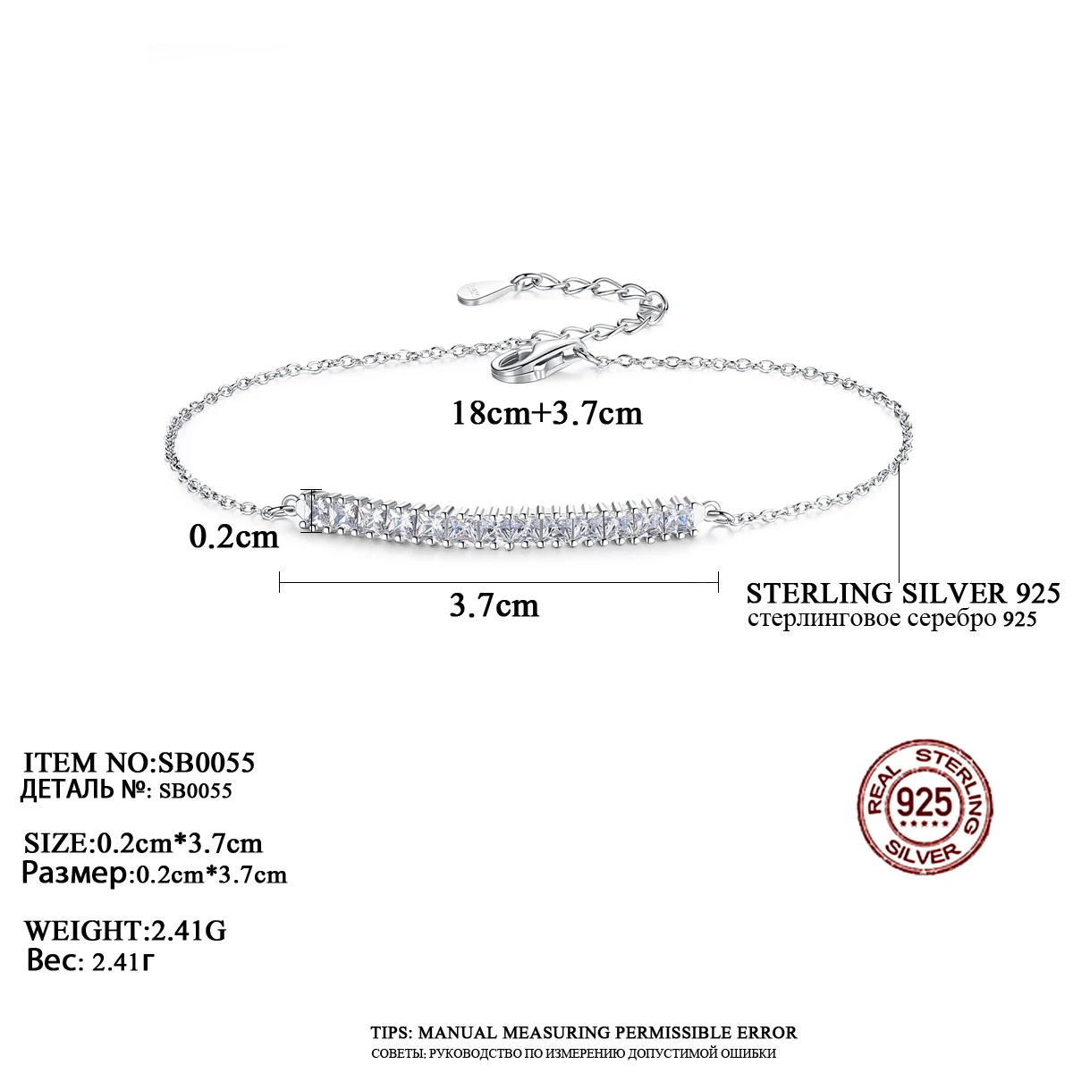 CZCITY Cubic Zirconia Cross Charm 925 Sterling High Quality Woman Summer Sliver Adjustable Chain Bracelet