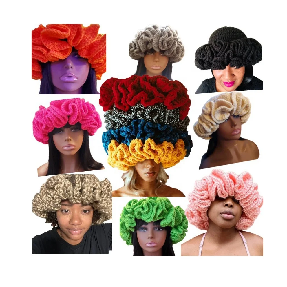 Fashion Y2K Handmade Crochet Bucket Hat For Women Rainbow Ruffle Crochet Hand Knitted Hat
