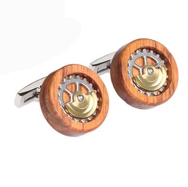 Steampunk Round Stainless Steel Gear Mechanism Leopard Wood Cufflinks