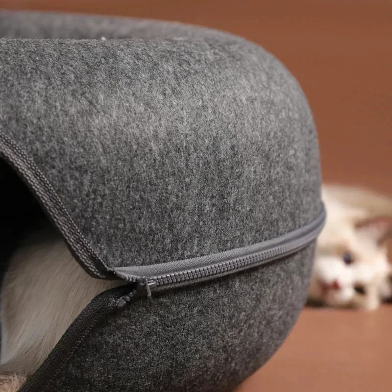 Custom Natural Felt Kitten Cat Cave Nest House Half Closed Sleeping Beds Donut Cat Bed Tunnel For Training Interactive Game Toy