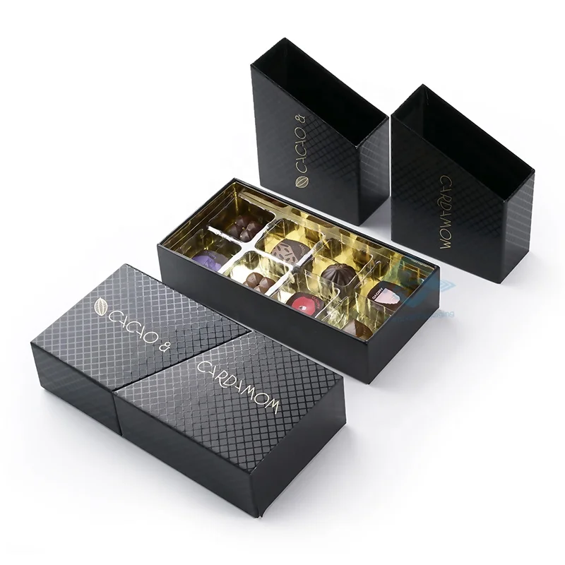Custom 2 Layer Black Chocolate truфель бумажная упаковочная коробка с ПВХ вставкой роскошные открытые двери шоколад подарочные коробки