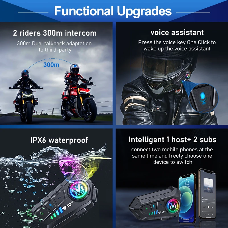 Y10-2X Motorcycle Helmet Earphone Long Standby Time Voice Control Blue tooth Intercom Headset with Loudspeaker