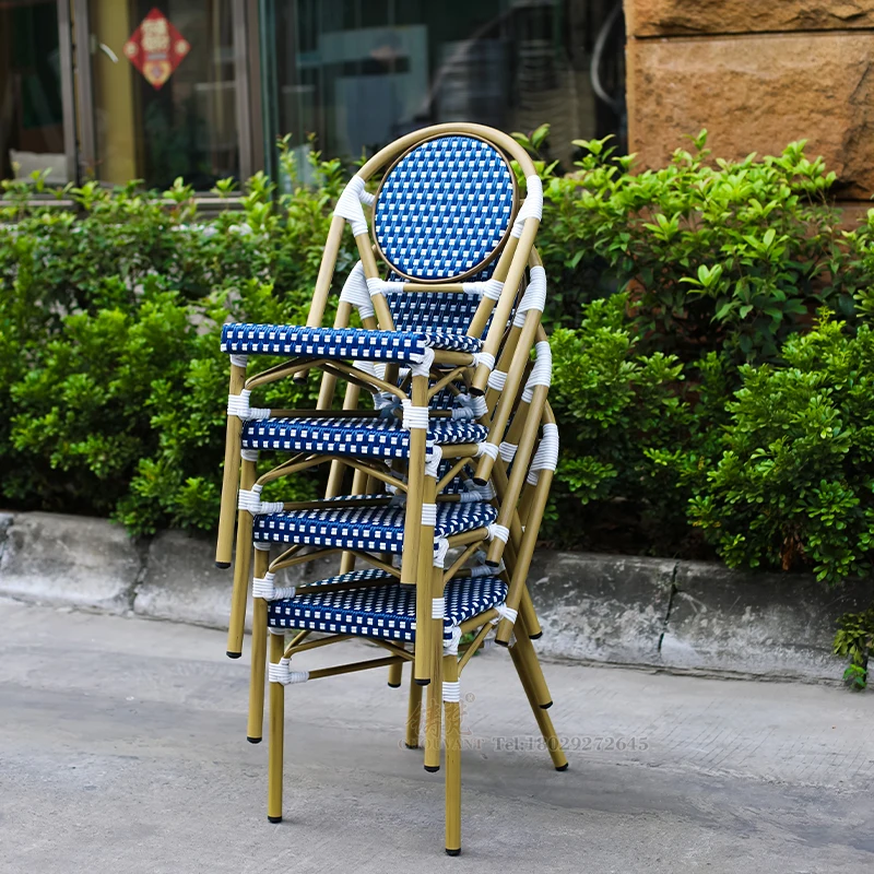 2+1 French Cafe set Bistro Chair Aluminum PE Blue cane chair Balcony Garden armless chair